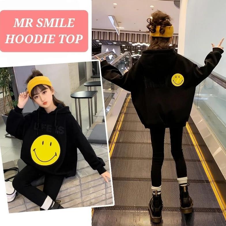 MR SMILE HOODIE TOP BLACK JAKET SWEATER OUTER CASUAL ANAK REMAJA CEWEK COWOK KOREA IMPORT FASHION