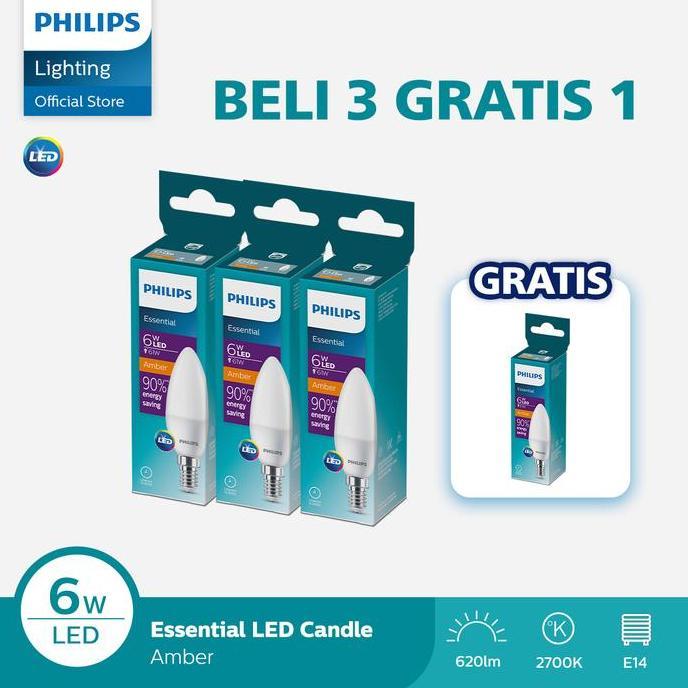 Paket Lampu Philips Beli 3 Dapat 4 Lampu Philips Bohlam ESS LED Candle  6W E14 2700K Kuning.