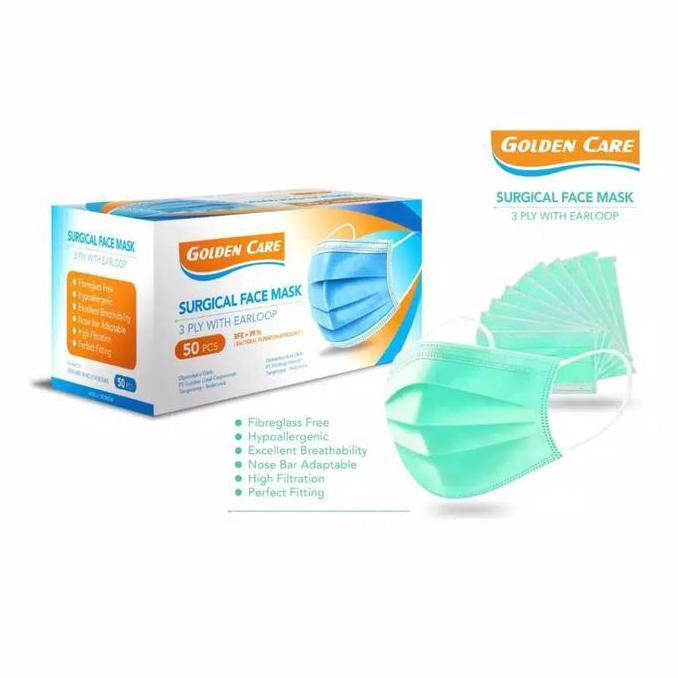 MASKER 3 PLY EAR LOOP SURGICAL GOLDEN CARE (1box isi 50's)