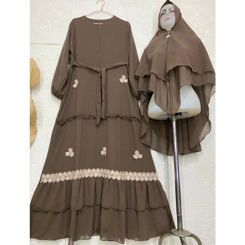 Unik Gamis Syari Ceruty Renda / Gamis Terbaru Mix Renda Bunga Cantik / Gamis Ceruty Babydoll