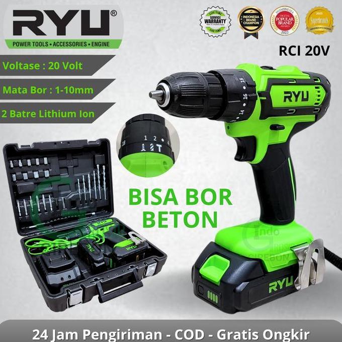 Terlaris Bor Beton Batre Mesin Cordless Impact Drill 20 V 10Mm Besi Kayu Tembok Original Ryu Rci 20V