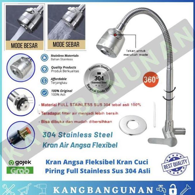 EVAHI Kran angsa fleksibel Kran cuci piring Full Stainless SUS 304 Asli Air Keran