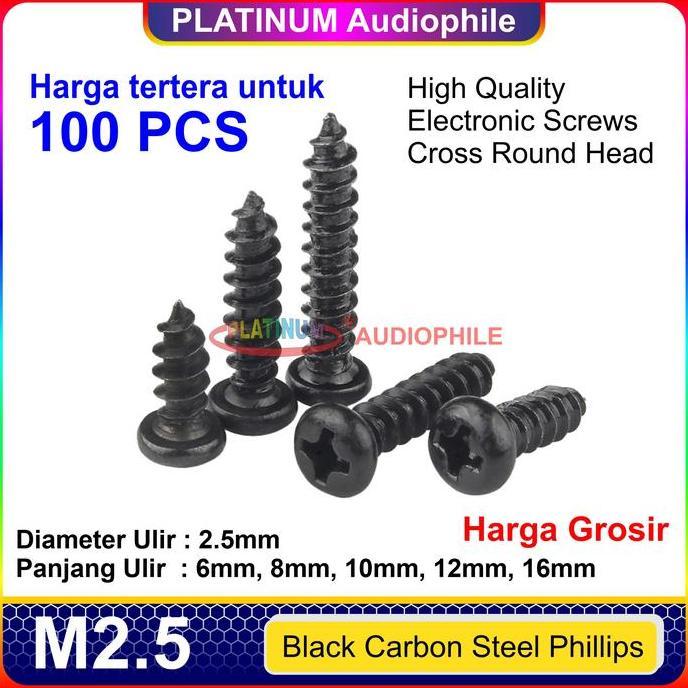 SPORTOV Sekrup Hitam M2.5 100pcs Speaker Baut Skrup kasar lancip tajam Carbon Steel