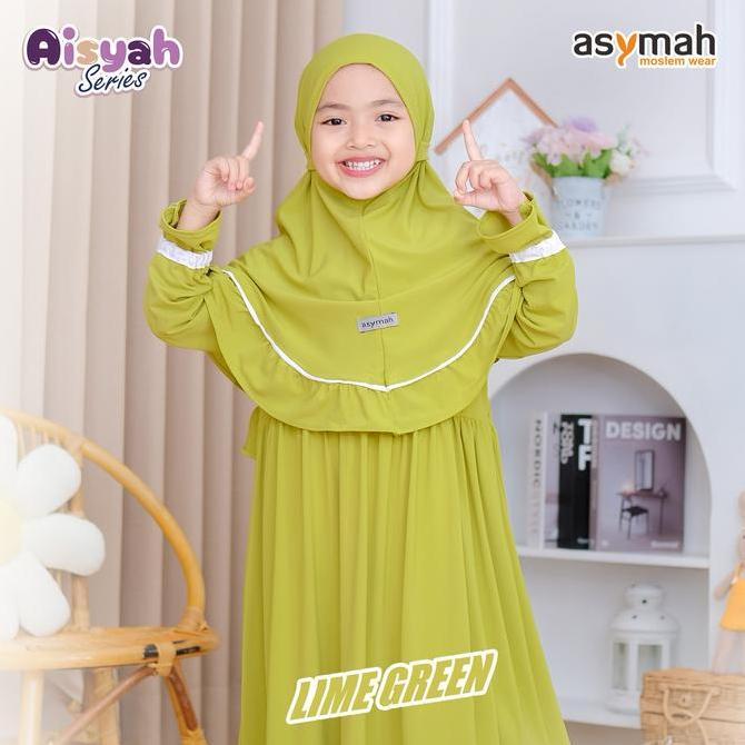 TERBARU  Dress Anak Muslim Perempuan Aisyah Series Cantik set Kerudung Warna Lime Green By Asymah Te