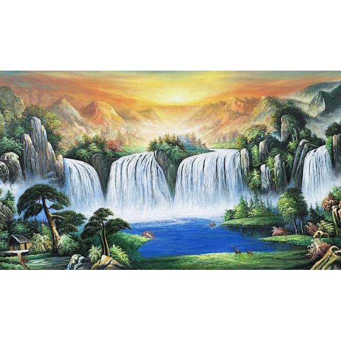 Terlaris Lukisan Kanvas Pemandangan Air Terjun Danau Fengshui | Cina 200X120