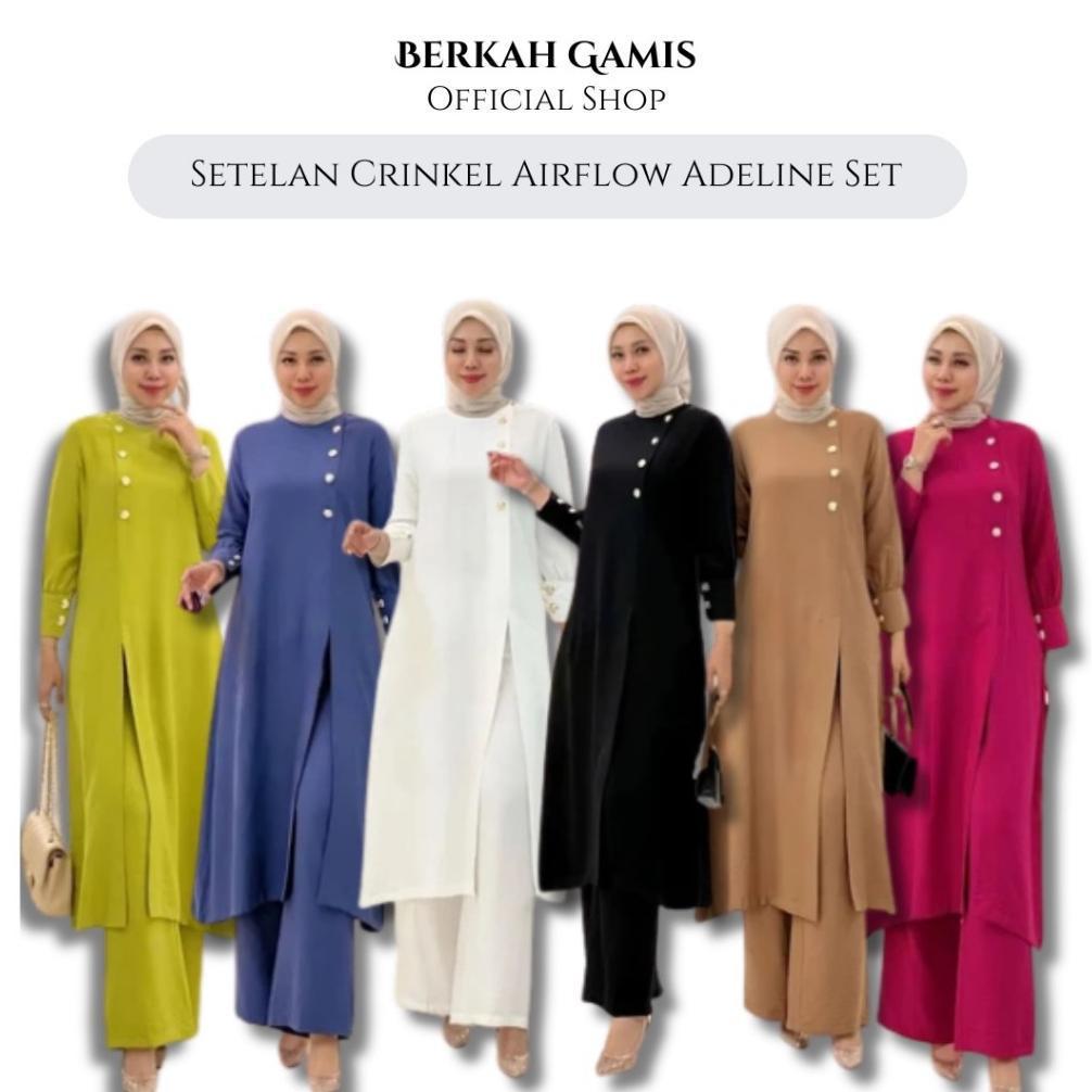 New Arrival Setelan Crinkel Airflow Premium Adeline Set Wanita Tunik Celana Kulot Saku Kanan Kancing