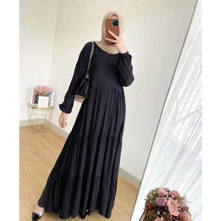 Garansi Gamis Hitam Putih Rempel Susun Bahan Rayon Premium / Busana Muslimah Terbaru / Gamis Terbaru