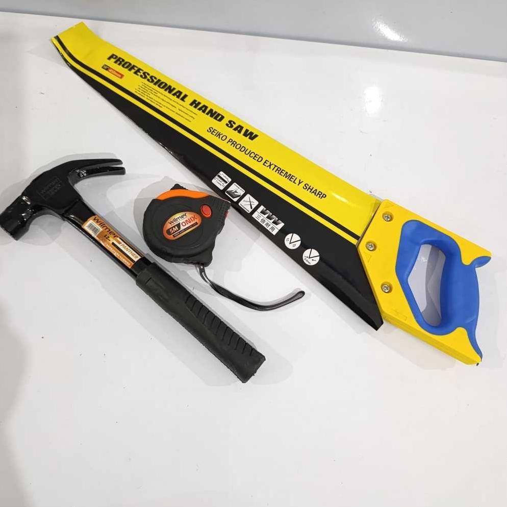 BEST SELLER PAKET TUKANG MURAH - GERGAJI KAYU BAJA ASLI SIAP PAKAI- PALU KAMBING GAGANG BESI , METER