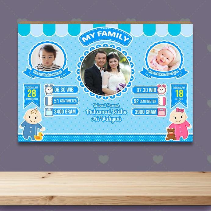Cetak Biodata bayi kembar - bayi adik kaka - cewe cowo design biru dan pink