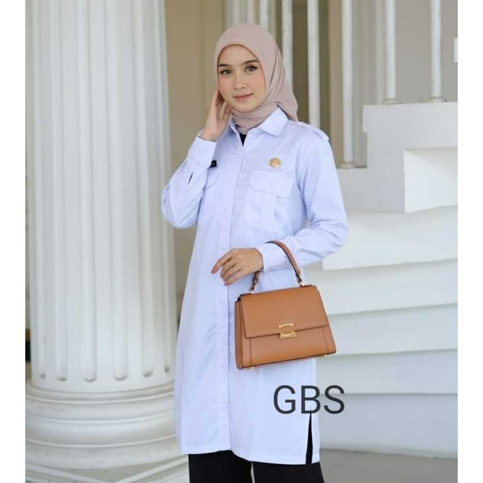 HEMAT TUNIK PDH WANITA PUTIH POLOS BAHAN AMERIKAN DRILL TEBAL ADEM DAN HALUS/ SERAGAM PUTIH ASN PNS 