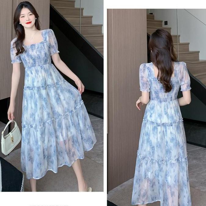 DR307 - 969 long dress hitam bunga lengan pendek dress wanita kekinian korea style 2025 gaun pesta e