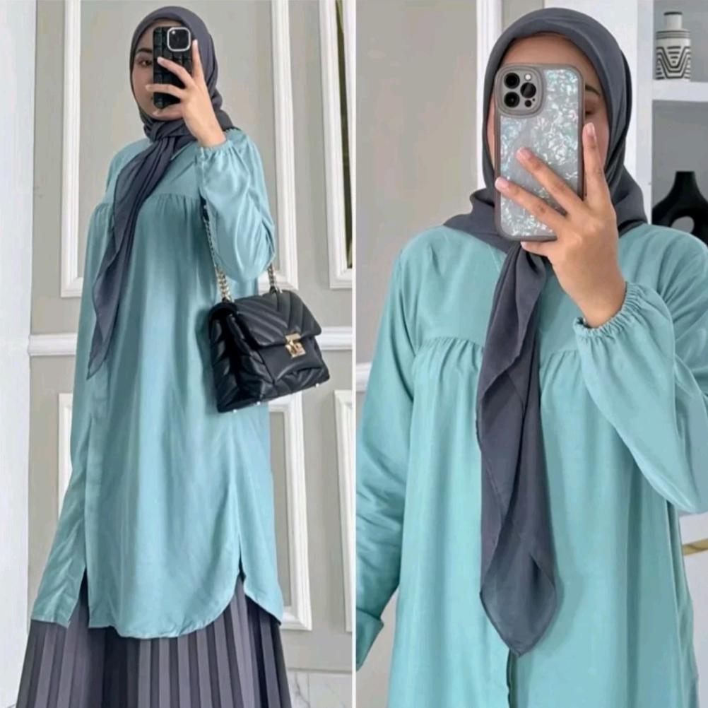 promo adilla tunik wanita rayon twill adem nyaman dada kerut by ortega