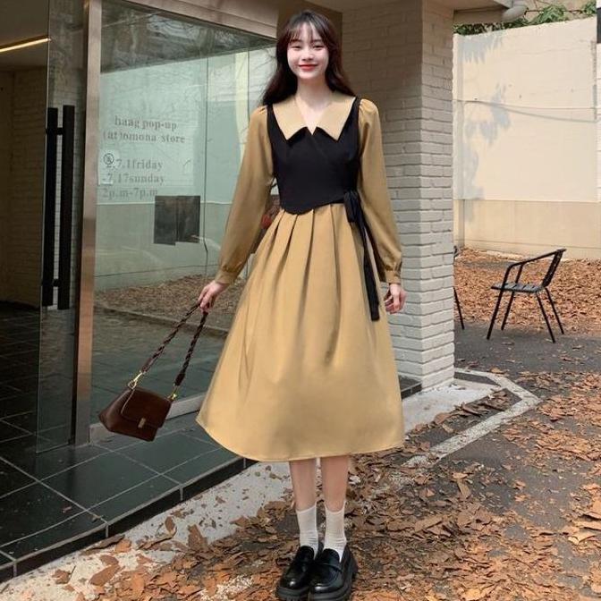 DI54 - Dress Casual Retro Coksu Ala Korea Long Dress Vintage Simple Wanita Lengan Panjang M454