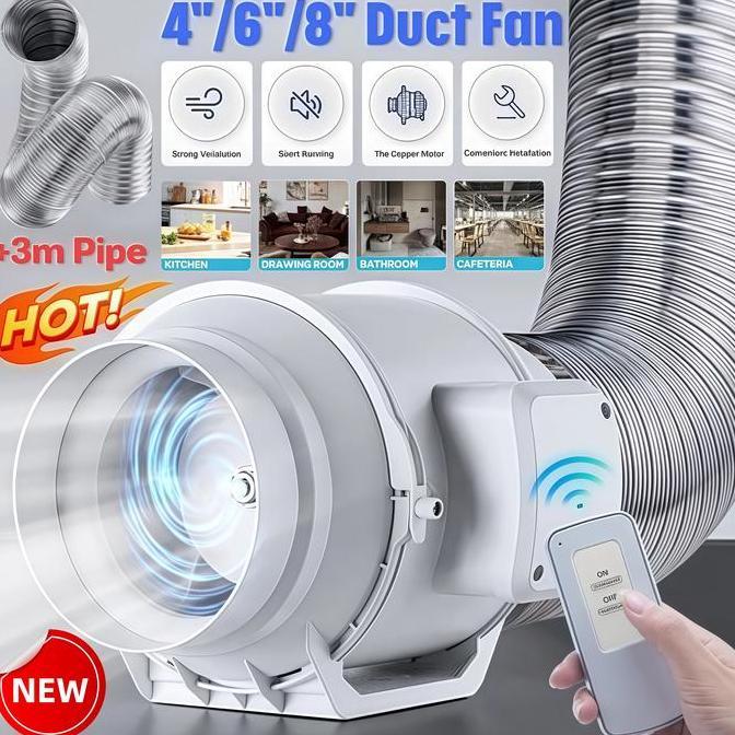 BOWATA Kipas Angin Buang Diam Ekstraktor 4"/6"/8" Turbocharged 220V untuk Kamar Mandi & Dapur Pening