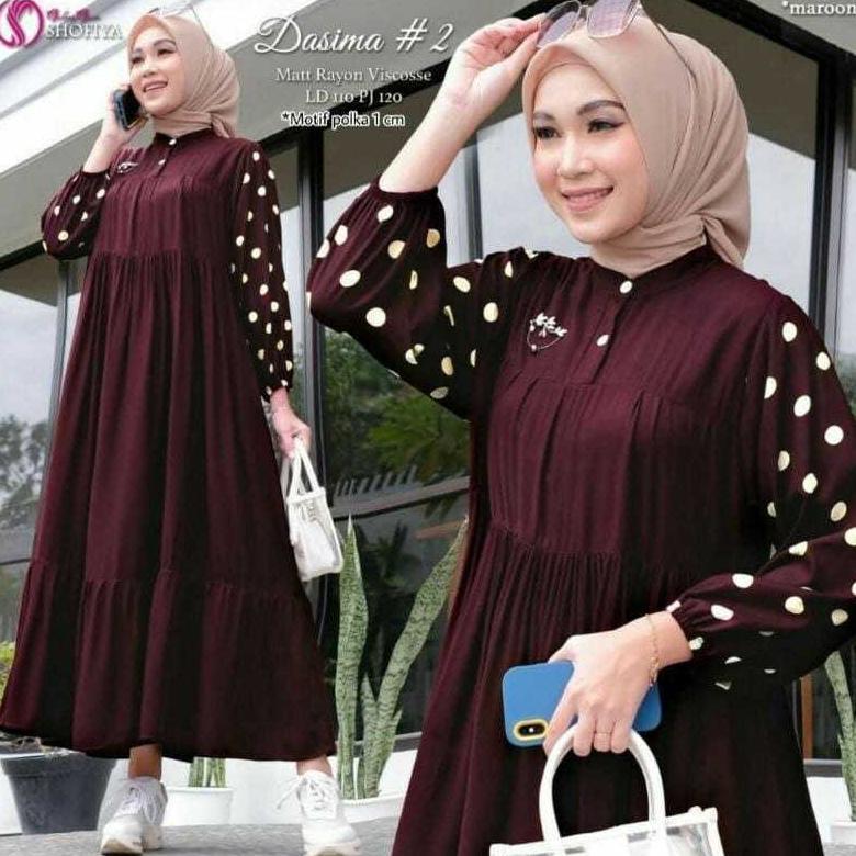 Gamis Polos Kombinasi Lengan Polkadot Midi Dress Terbaru