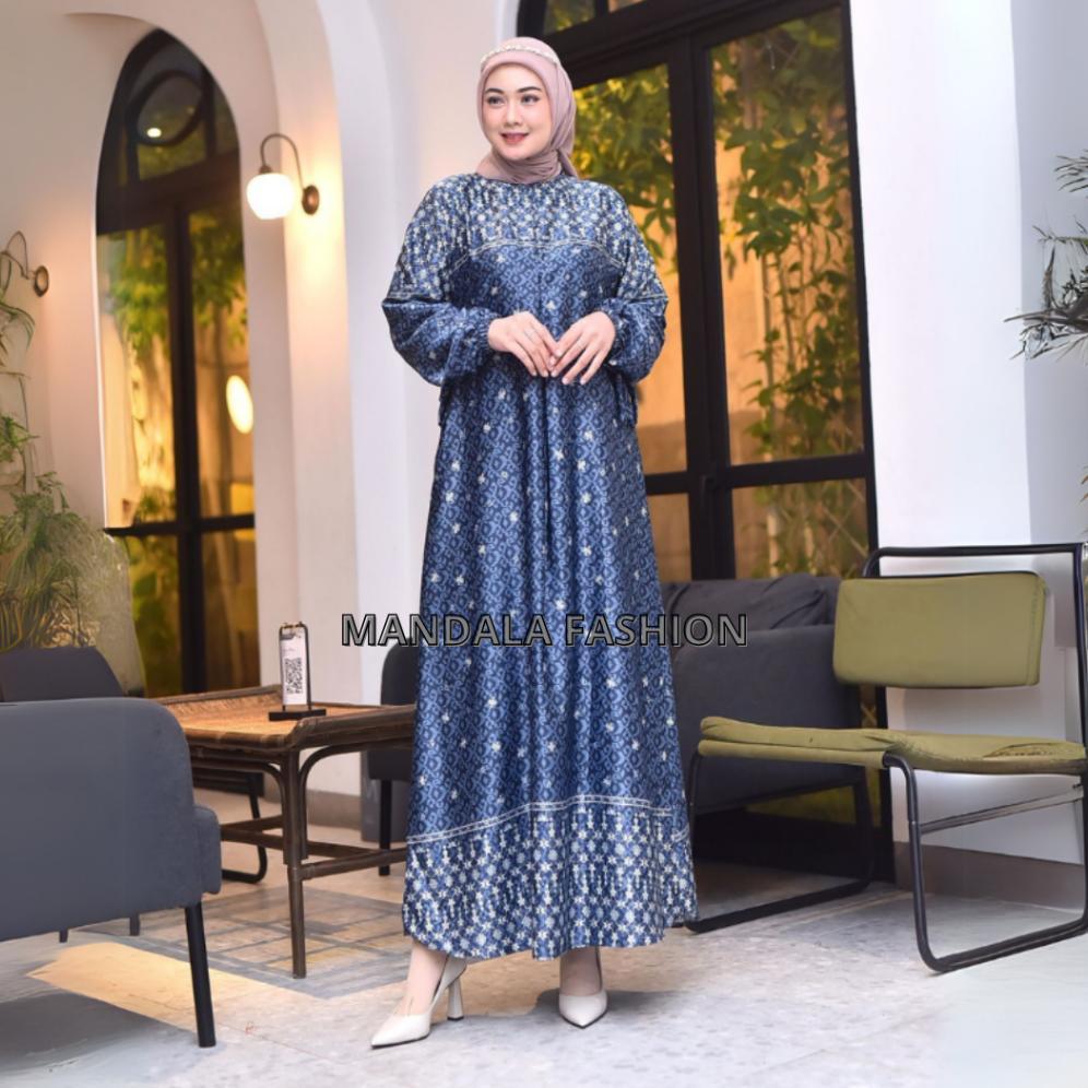 Baju Gamis Silk Premium Motif Printing Bunsui Jumbo Terbaru Gamis Butik Mewah Kekinian Grade A {COD}