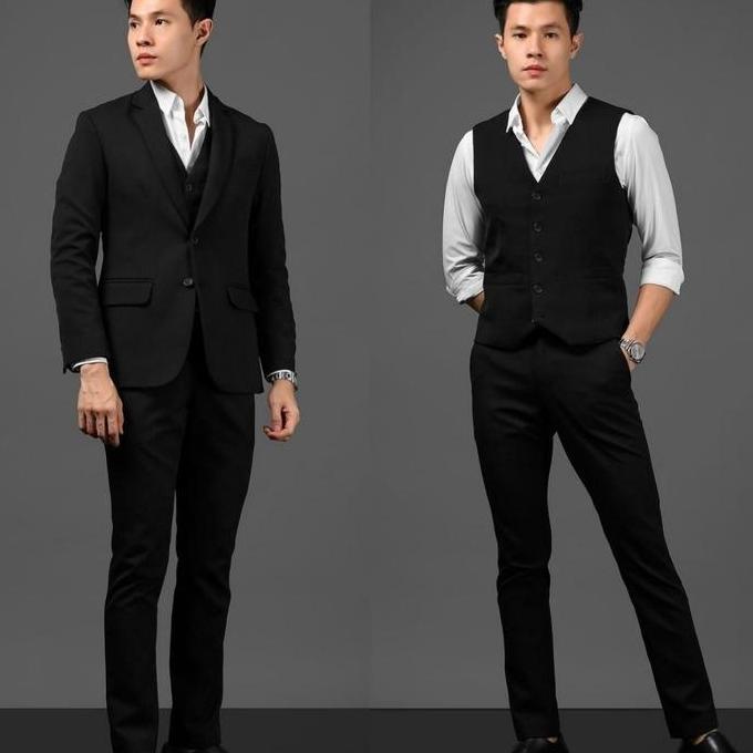 JAS BLAZER HITAM PRIA RESMI FORMAL SEMI WOOL SLIMFIT / SETELAN JAS 3 IN JAS BLAZER KEMEJA PUTIH DASI