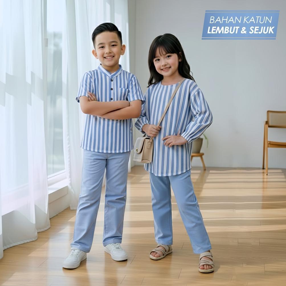 Harga Miring Baju Couple Muslim Koko Anak Laki Laki Setelan Tunik Muslim Motif Salur Anak Perempuan 