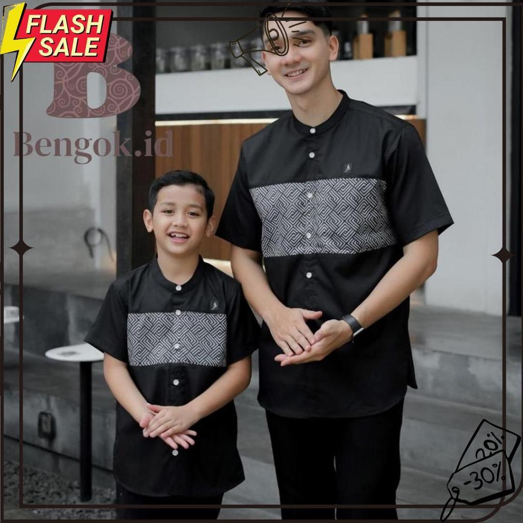 Baju Koko Lengan Pendek Couple Motif Kombinasi Batik Warna Hitam  Couple Ayah Dan Anak Premium Warna