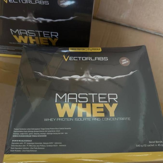 New master whey 12 sachet chocolate amaretto susu fitness suplemen
