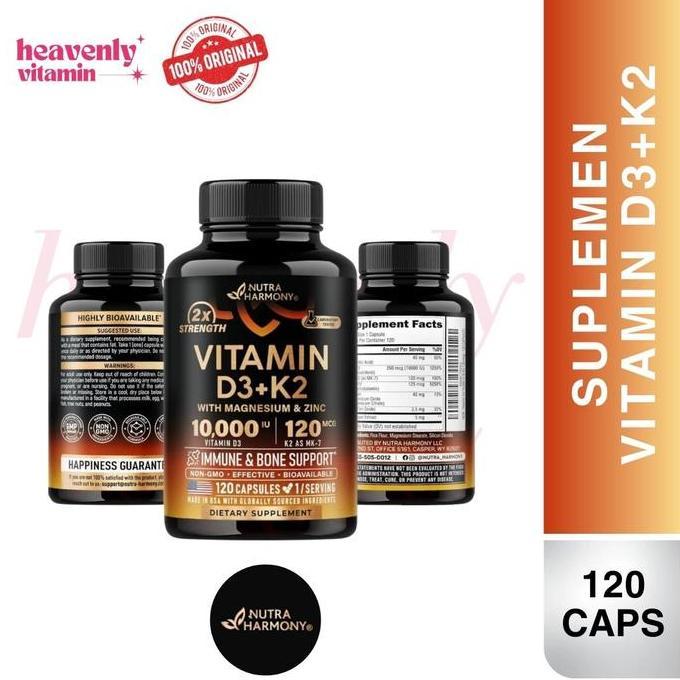 Nutraharmony Vitamin D3+K2 with Magnesium & Zinc - 120 Capsules, Non-GMO