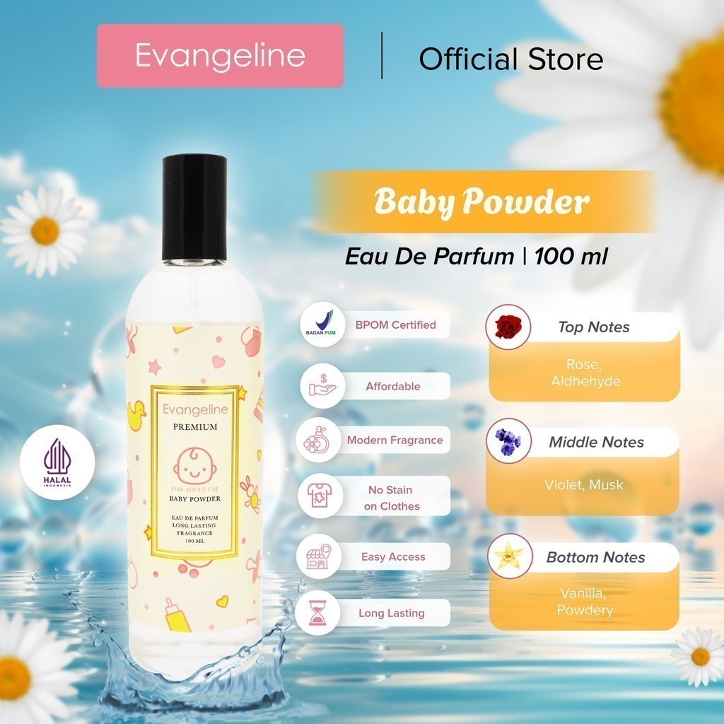 Evangeline Premium Eau De Parfum Baby Powder 100ml - Parfum Wanita EDP - Wangi Bayi - Parfum Tahan L