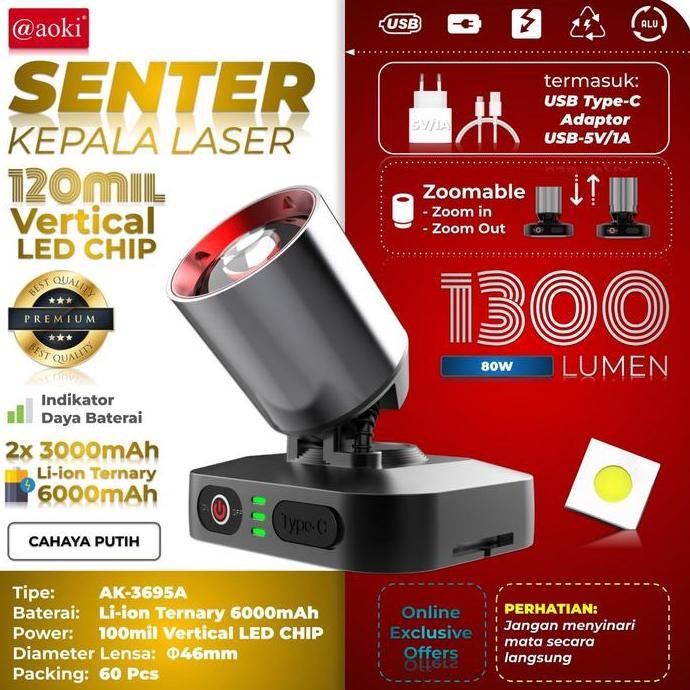Lightflas- Senter Kepala Led Laser Aoki Ak-3695A 80Watt 1300 Lumen 6000Mah - Zoom Out Jarak Jauh - T