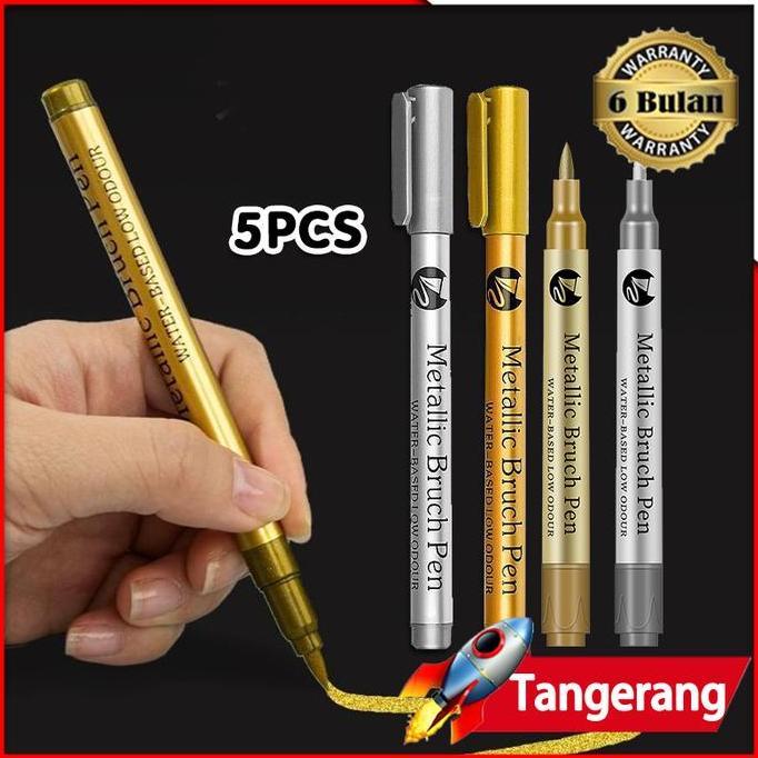 SMO 5pcs Spidol Emas Dan Silver Pulpen Tinta Emas Perak Marker Gold Silver