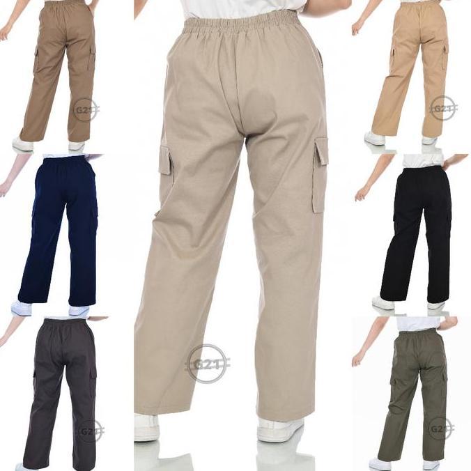 Kirimlangsung- Celana Kulot Kargo Panjang Wanita Model Pinggang Karet Belakang Hitam Twill Katun Mel