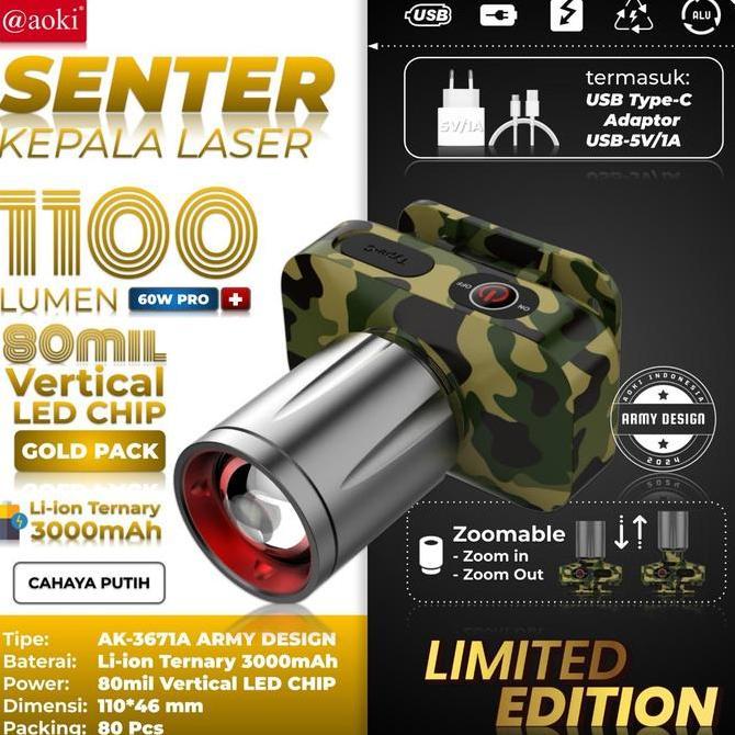 Lightflas- Senter Kepala Zoom Aoki Ak-3675A 60W Pro 1000 Lumen - Tahan Lama - Zoom Jarak Jauh