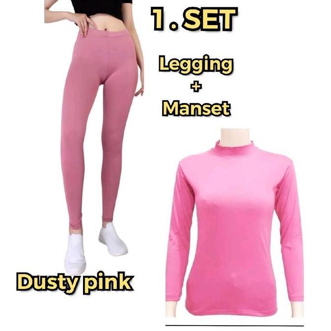 Kirimlangsung- 1 Paket Legging + Manset Wanita Bahan Kaos Spandek Tebal T Celana Dalaman Hitam Panja