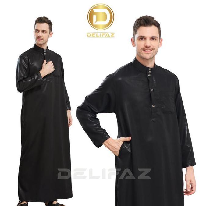 Gamis Thobe Dubai Lengan Panjang Polos Kain Katun Poliyester Premium Anti Gerah Jubah Pria Mewah Ele