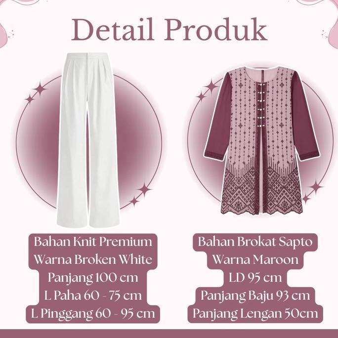 Setelan One Set Wanita Kekinian (Atasan Tunik Brokat Mutiara - Manset - Celana - Jilbab) Outfit Pest