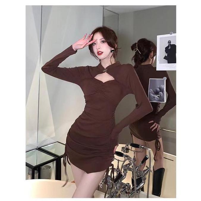 Mini Dress Cheongsam Bodycon Long Sleeve Dress Coklat Sexy 9021 - G023 Gaun Pendek Allshop