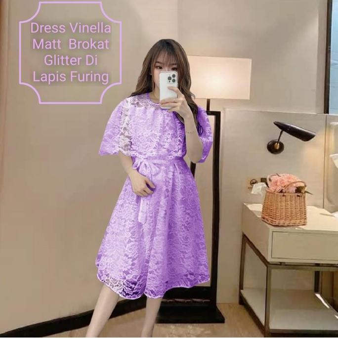 Dress Wanita Matt Brokat Glitter Murah Berkualitas/Dress Vinella Size L-Xl/Dress Natal Wanita Remaja