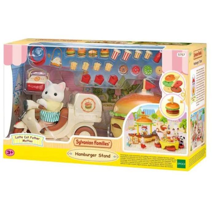 Mainan Boneka Sylvanian Families Hamburger Stand Plus Motor Latte Cat Father 30 Aksesoris