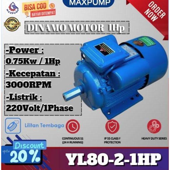 Terlaris Maxpump Motor Dinamo 1 Phase 1 Hp 750 Watt 3000 Rpm 220V 3000 Rpm Gulungan Tembaga Body Kok