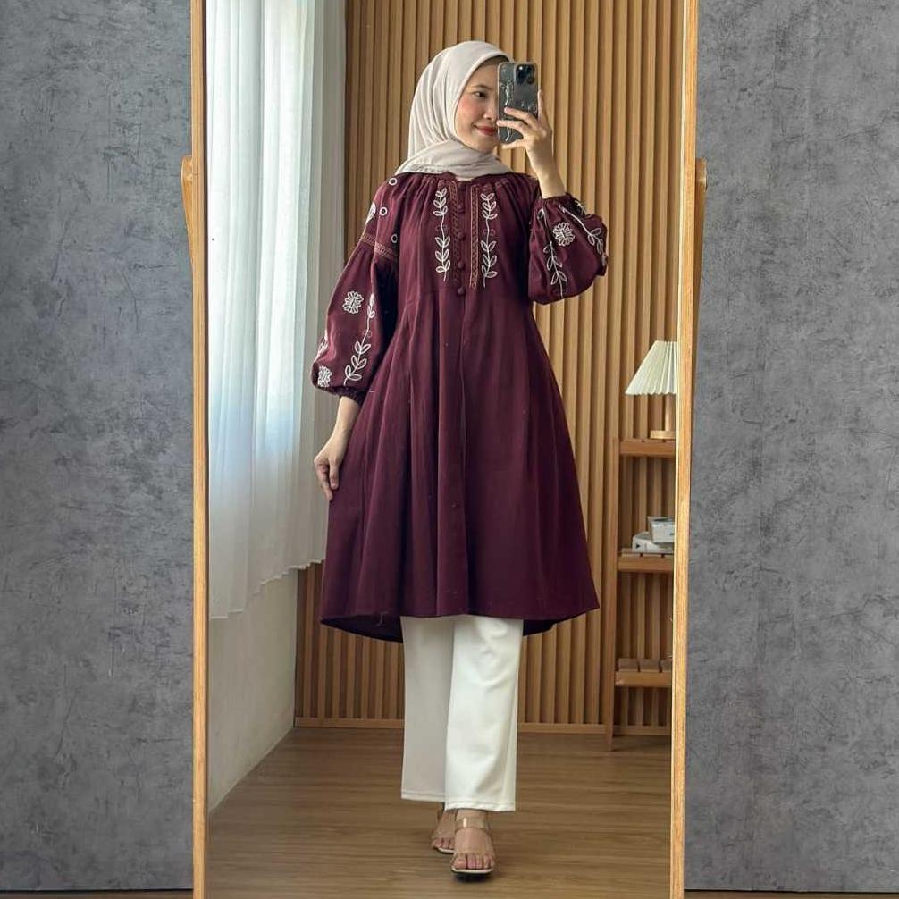 Cuci Gudang  Cod Sakura Tunik / Tunik Linen Bordir Atasan Premium Quality Wanita Pakaian Casual Mewa