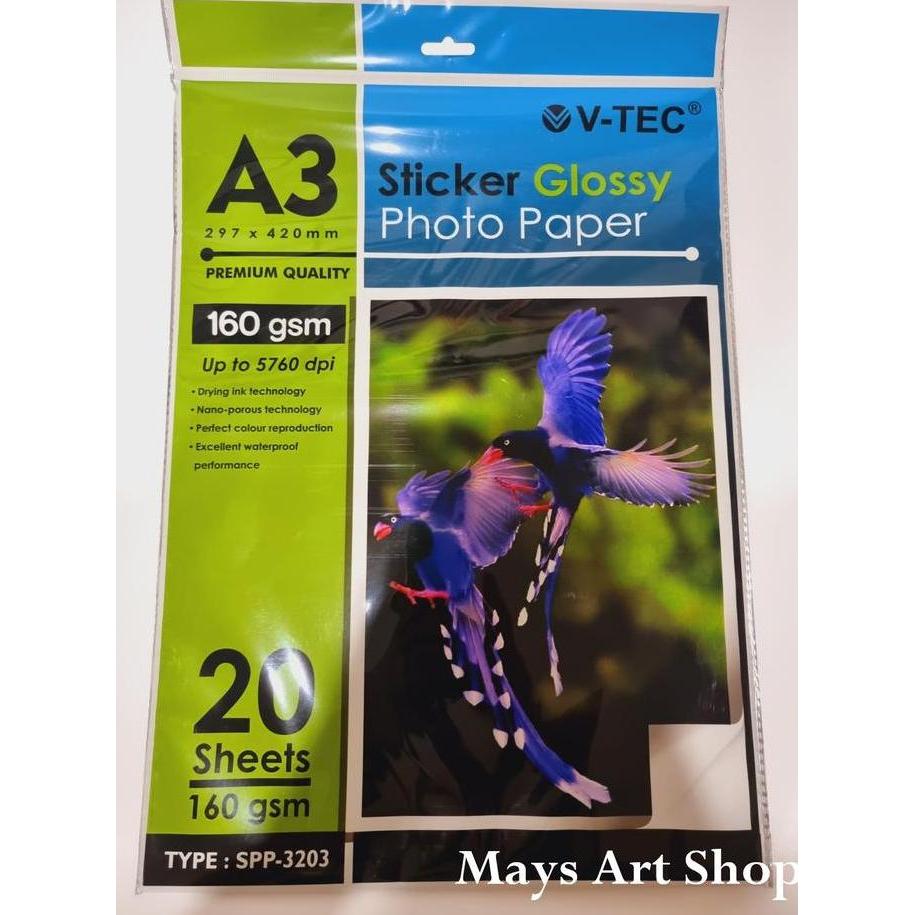 Sticker Photo Paper Glossy A3 V-Tec / Kertas Foto Stiker Vtec 160 gsm
