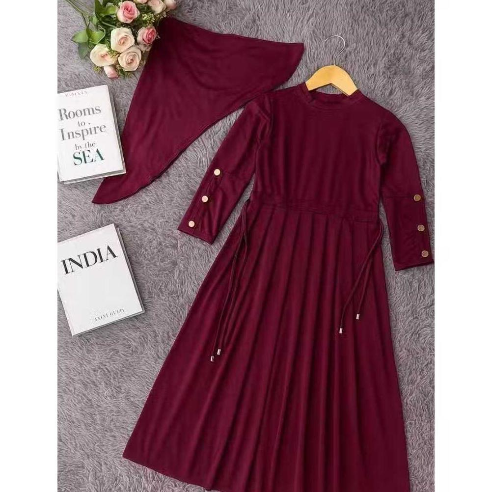 Harga Miring Gamis Anak Jersey Inara Set Hijab Baju Muslim Perepuan 2-12 Tahun Pinggang Serut Tali H