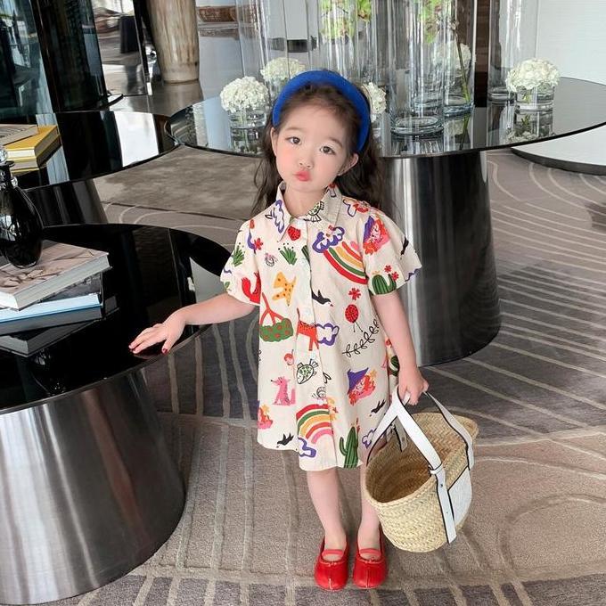 AI135 }} Dress Kemeja Anak Perempuan Lengan Pendek Ala Korea Import Terbaru