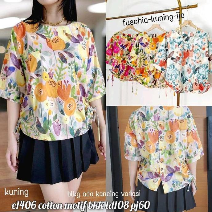 1406 blouse motif bunga katun import kancing belakang variasi HM