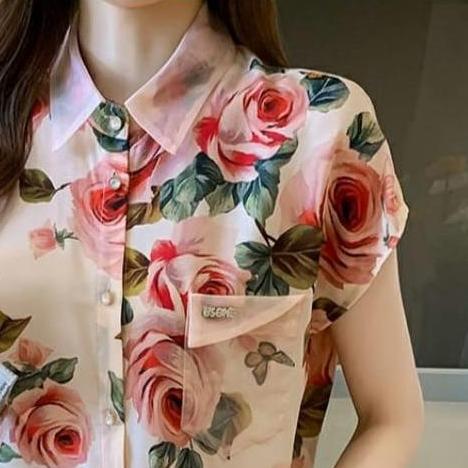 FS 7221 Kemeja atasan ELINA floral Top crepe motif bunga premium lengan pendek baju blouse hem wanit