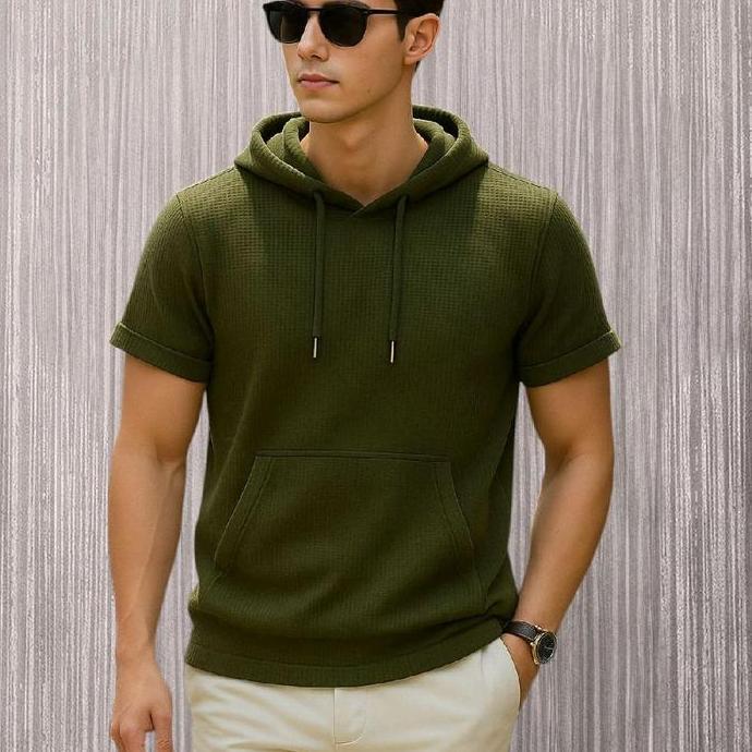 kaos waffle huody kupluk pendek, pakaian cowok/baju kaos waffle kantong besar bawah Pria Distro Dewa