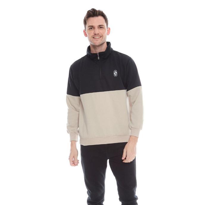 NEW Jaket Sweater Halziper Pria Wanita Basic Combinasi Pria Wanita Hitam Denim & Cream Premium [terb