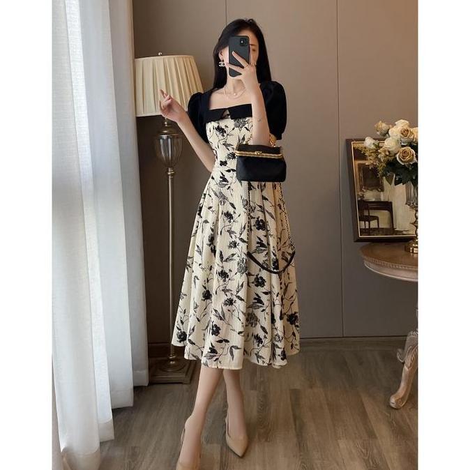 AI218 >> 969 long dress hitam bunga lengan pendek dress wanita kekinian korea style 2025 gaun pesta 
