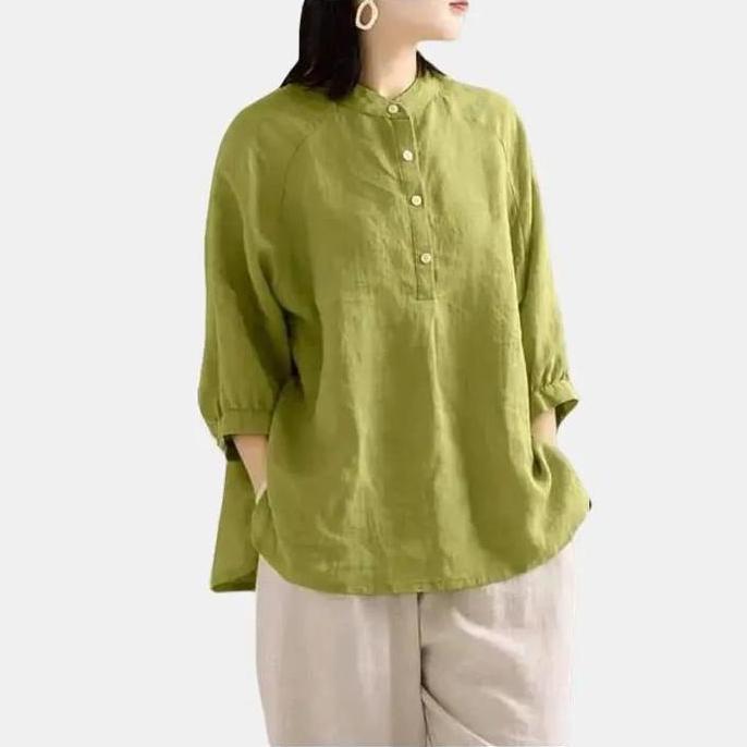 Blouse Wanita Jumbo Katun Linen Rami Kerah Shanghai Kemeja Lengan 3/4 Baju  Atasan Linen Oversize Ca