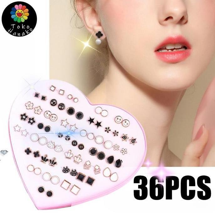 XALARA Anting Isi 36 Pasang 1 Kotak Tusuk Bentuk Hati Bergaya Warna Wanita