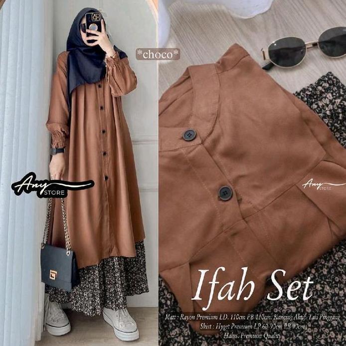 Ifah One Set Tunik Dan Rok By A.N.Y Store Long Tunik Rayon Rok Plisket Motif Bunga Skirt Plisket Flo