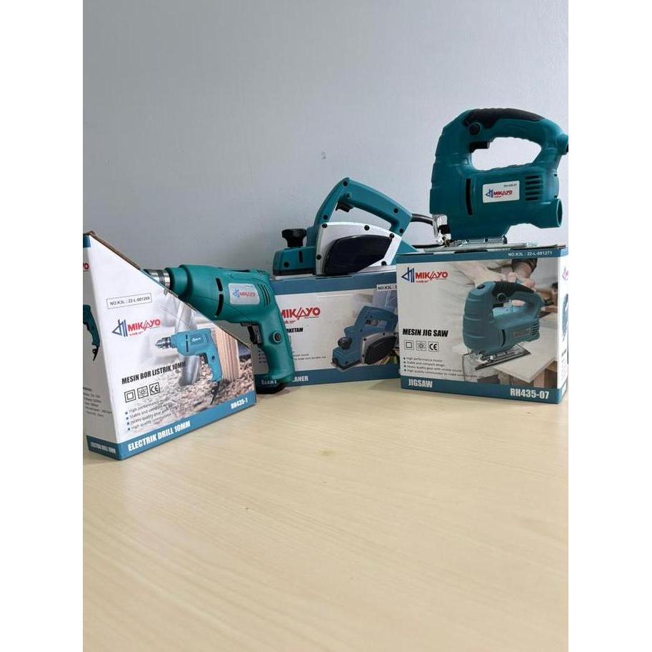 PAKET TUKANG KAYU 3 ITEM MESIN SERUT KAYU ,MESIN POTONG KAYU ,DAN MESIN BOR (PLANNER,JIGSAW&BOR) rea